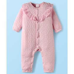 Babyhug 100% Cotton Full Sleeves Solid Coloured Romper With cap & Booties Set With Lace Detailing - Pink