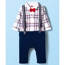 Babyhug Interlock Knit Full Sleeves Checks Party Romper With Bow Applique & Suspender - Navy Blue & White
