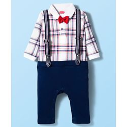 Babyhug Interlock Knit Full Sleeves Checks Party Romper With Bow Applique & Suspender - Navy Blue & White