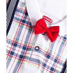 Babyhug Interlock Knit Full Sleeves Checks Party Romper With Bow Applique & Suspender - Navy Blue & White