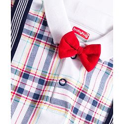 Babyhug Interlock Knit Full Sleeves Checks Party Romper With Bow Applique & Suspender - Navy Blue & White