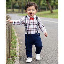 Babyhug Interlock Knit Full Sleeves Checks Party Romper With Bow Applique & Suspender - Navy Blue & White
