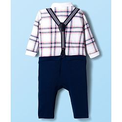 Babyhug Interlock Knit Full Sleeves Checks Party Romper With Bow Applique & Suspender - Navy Blue & White