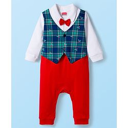 Babyhug Interlock Knit Full Sleeves Party Romper with Attached Waist Coat & Bow & Check Detailing - White Blue & Red