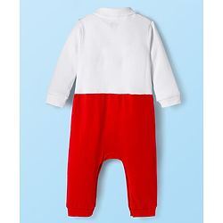 Babyhug Interlock Knit Full Sleeves Party Romper with Attached Waist Coat & Bow & Check Detailing - White Blue & Red