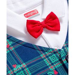 Babyhug Interlock Knit Full Sleeves Party Romper with Attached Waist Coat & Bow & Check Detailing - White Blue & Red