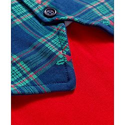Babyhug Interlock Knit Full Sleeves Party Romper with Attached Waist Coat & Bow & Check Detailing - White Blue & Red