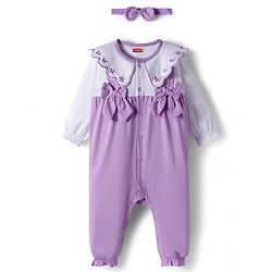 Babyhug 100% Cotton Interlock Knit Full Sleeves Front Open Romper with Frill Detailing Floral Embroidery & Bow Applique & Hairband - Purple