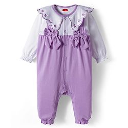 Babyhug 100% Cotton Interlock Knit Full Sleeves Front Open Romper with Frill Detailing Floral Embroidery & Bow Applique & Hairband - Purple