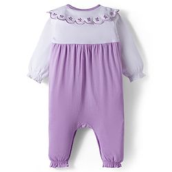 Babyhug 100% Cotton Interlock Knit Full Sleeves Front Open Romper with Frill Detailing Floral Embroidery & Bow Applique & Hairband - Purple