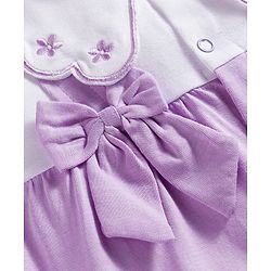 Babyhug 100% Cotton Interlock Knit Full Sleeves Front Open Romper with Frill Detailing Floral Embroidery & Bow Applique & Hairband - Purple
