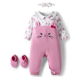 Babyhug 100% Cotton Knit Full Sleeves Bunny Embroidered Romper With Hairband & Booties - Pink