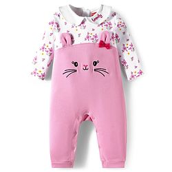 Babyhug 100% Cotton Knit Full Sleeves Bunny Embroidered Romper With Hairband & Booties - Pink