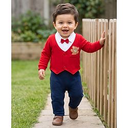 Babyhug 100% Cotton Interlock Knit Full Sleeves Party Romper with Attached Waist Coat & Bow & Bear Patch - Red & Navy Blue