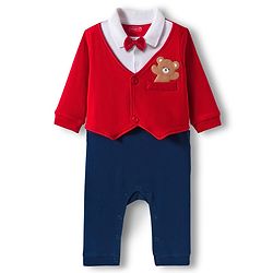 Babyhug 100% Cotton Interlock Knit Full Sleeves Party Romper with Attached Waist Coat & Bow & Bear Patch - Red & Navy Blue