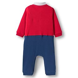 Babyhug Interlock Knit Full Sleeves Party Romper with Attached Waist Coat & Bow & Bear Patch - Red & Navy Blue