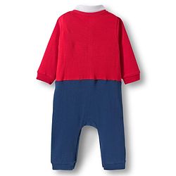 Babyhug 100% Cotton Interlock Knit Full Sleeves Party Romper with Attached Waist Coat & Bow & Bear Patch - Red & Navy Blue