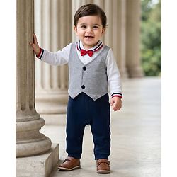 Babyhug Interlock Knit Full Sleeves Party Romper With Attached Waistcoat & Bow Applique - Multicolor