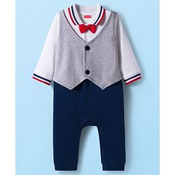 Babyhug Interlock Knit Full Sleeves Party Romper With Attached Waistcoat & Bow Applique - Multicolor