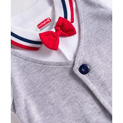Babyhug Interlock Knit Full Sleeves Party Romper With Attached Waistcoat & Bow Applique - Multicolor