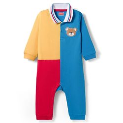 Babyhug 100% Cotton Interlock Knit Full Sleeves Romper with Cut & Sew Design & Bear Patch - Blue Red & Yellow