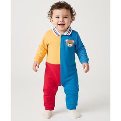 Babyhug 100% Cotton Interlock Knit Full Sleeves Romper with Cut & Sew Design & Bear Patch - Blue Red & Yellow
