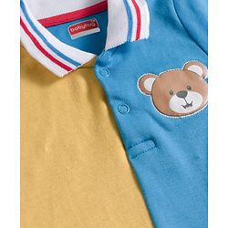 Babyhug 100% Cotton Interlock Knit Full Sleeves Romper with Cut & Sew Design & Bear Patch - Blue Red & Yellow