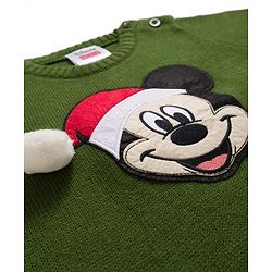 Babyhug Disney Woven Full Sleeves Pullover Sweater with Mickey Mouse Patch Detailing - Green