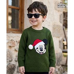 Babyhug Disney Woven Full Sleeves Pullover Sweater with Mickey Mouse Patch Detailing - Green