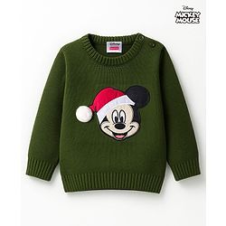 Babyhug Disney Woven Full Sleeves Pullover Sweater with Mickey Mouse Patch Detailing - Green