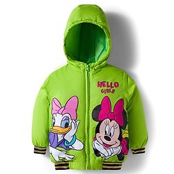 Babyhug Disney Woven Full Sleeves Hooded Padded Jacket With Minnie & Friends Graphics & Frill Detailing - Neon Green