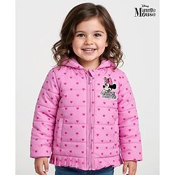 Babyhug Disney Woven Full Sleeves Hooded Winter Jacket With Minnie & Friends Graphics & Ear Bow Applique - Pink
