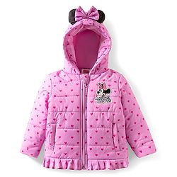 Babyhug Disney Woven Full Sleeves Hooded Winter Jacket With Minnie & Friends Graphics & Ear Bow Applique - Pink