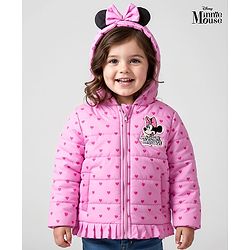 Babyhug Disney Woven Full Sleeves Hooded Winter Jacket With Minnie & Friends Graphics & Ear Bow Applique - Pink