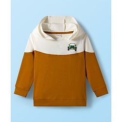 Babyhug Terry Knit Premium Light Gauge Terry Full Sleeves Hooded Color Block T-Shirt & Jogger Set with Car Print - Yellow & White