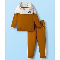 Babyhug Terry Knit Premium Light Gauge Terry Full Sleeves Hooded Color Block T-Shirt & Jogger Set with Car Print - Yellow & White