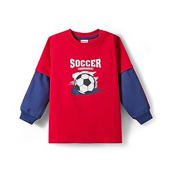 Babyhug Terry Knit Full Doctor Sleeves T-Shirt & Joggers Set with Soccer Tournament Text Print - Red & Navy Blue