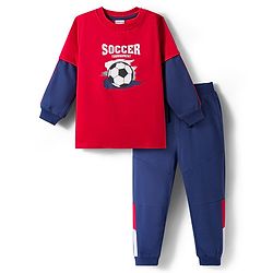 Babyhug Terry Knit Full Doctor Sleeves T-Shirt & Joggers Set with Soccer Tournament Text Print - Red & Navy Blue