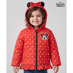 Babyhug Disney Woven Full Sleeves Hooded Winter Jacket With Minnie & Friends Graphics & Ear Bow Applique - Red