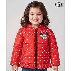 Babyhug Disney Woven Full Sleeves Hooded Winter Jacket With Minnie & Friends Graphics & Ear Bow Applique - Red