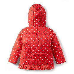 Babyhug Disney Woven Full Sleeves Hooded Winter Jacket With Minnie & Friends Graphics & Ear Bow Applique - Red