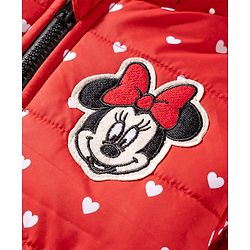 Babyhug Disney Woven Full Sleeves Hooded Winter Jacket With Minnie & Friends Graphics & Ear Bow Applique - Red