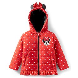 Babyhug Disney Woven Full Sleeves Hooded Winter Jacket With Minnie & Friends Graphics & Ear Bow Applique - Red