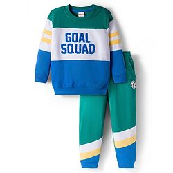 Babyhug Terry Knit Premium Light Gauge Terry Full Sleeves T-Shirt and Joggers Set with Goal Squad Text Design - Green & Blue