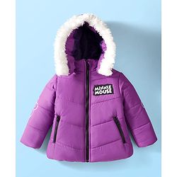 Babyhug Disney Woven Full Sleeves Hooded Padded Jacket With Minnie & Friends Graphics & Fur Detailing - Purple