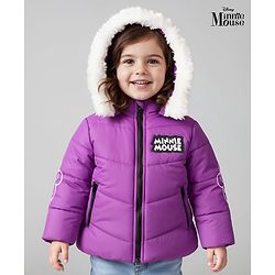 Babyhug Disney Woven Full Sleeves Hooded Padded Jacket With Minnie & Friends Graphics & Fur Detailing - Purple