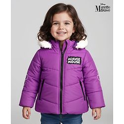 Babyhug Disney Woven Full Sleeves Hooded Padded Jacket With Minnie & Friends Graphics & Fur Detailing - Purple