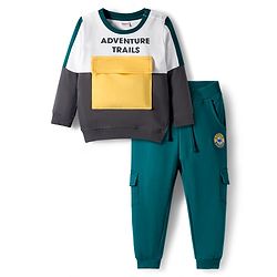Babyhug Terry Knit Premium Light Gauge Terry Full Sleeves T-Shirt & Jogger Set with Ready For Road Trip Text Print - Teal Blue