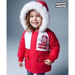 Babyhug Disney Woven Full Raglan Sleeves Hooded Padded Jacket with Minnie Mouse Print - Red