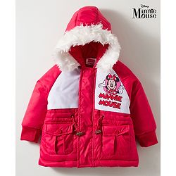 Babyhug Disney Woven Full Raglan Sleeves Hooded Padded Jacket with Minnie Mouse Print - Red